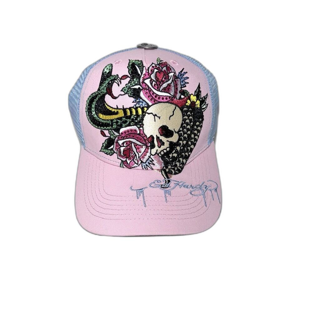 Ed Hardy Rhinestone Cobra Skull Trucker Hat Pink/Sky Adjustable Embroidered Cap